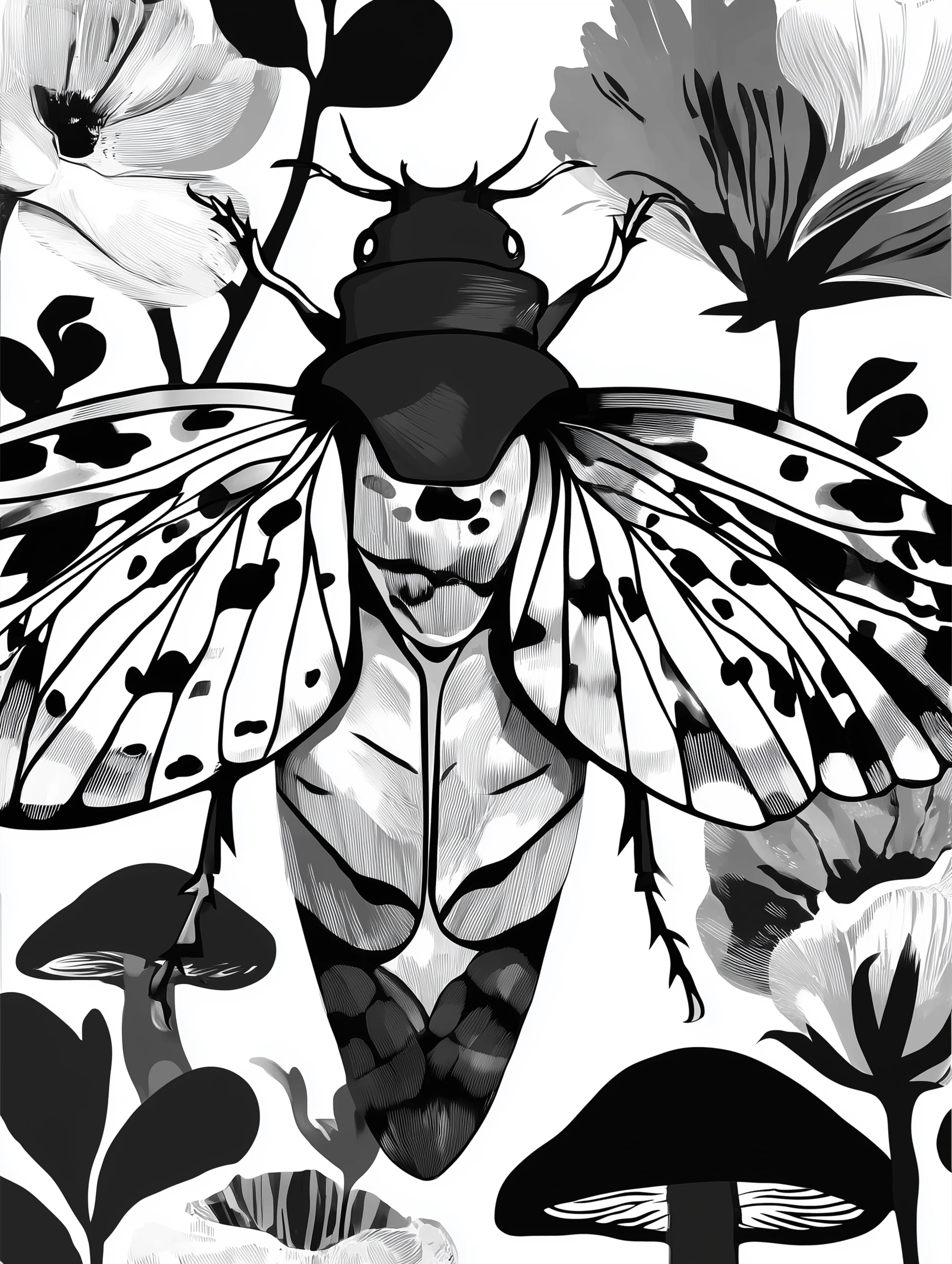 Free printable insect coloring page for adults featuring a fly with mushrooms